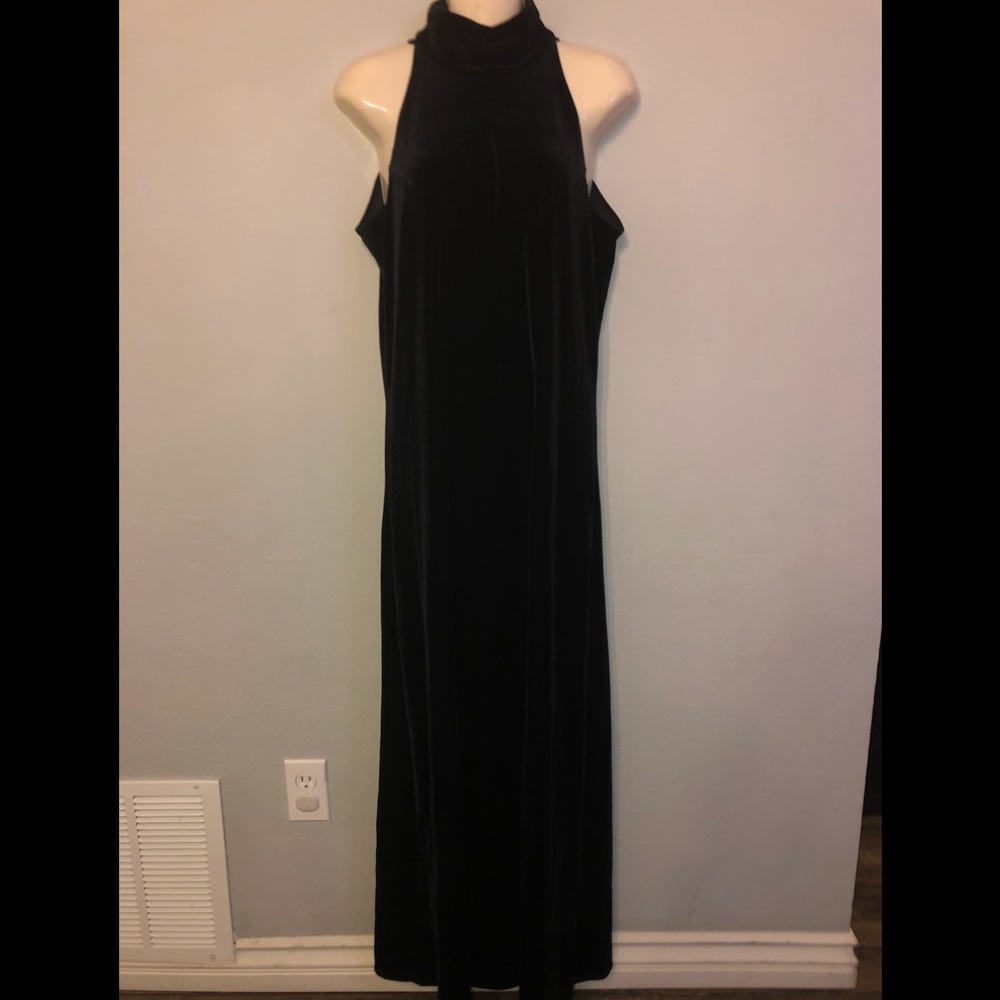 Vintage 90s High Collar Black Velvet Dress
